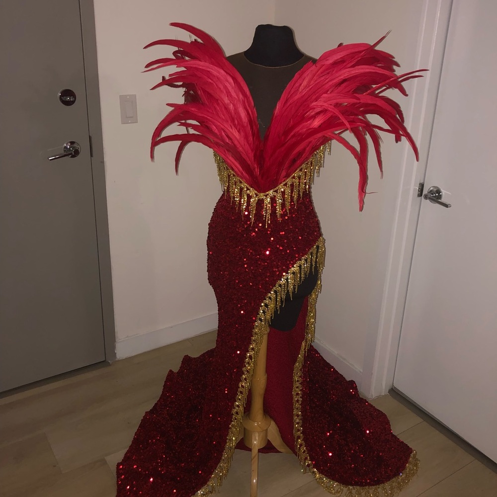 Red and gold prom dress.